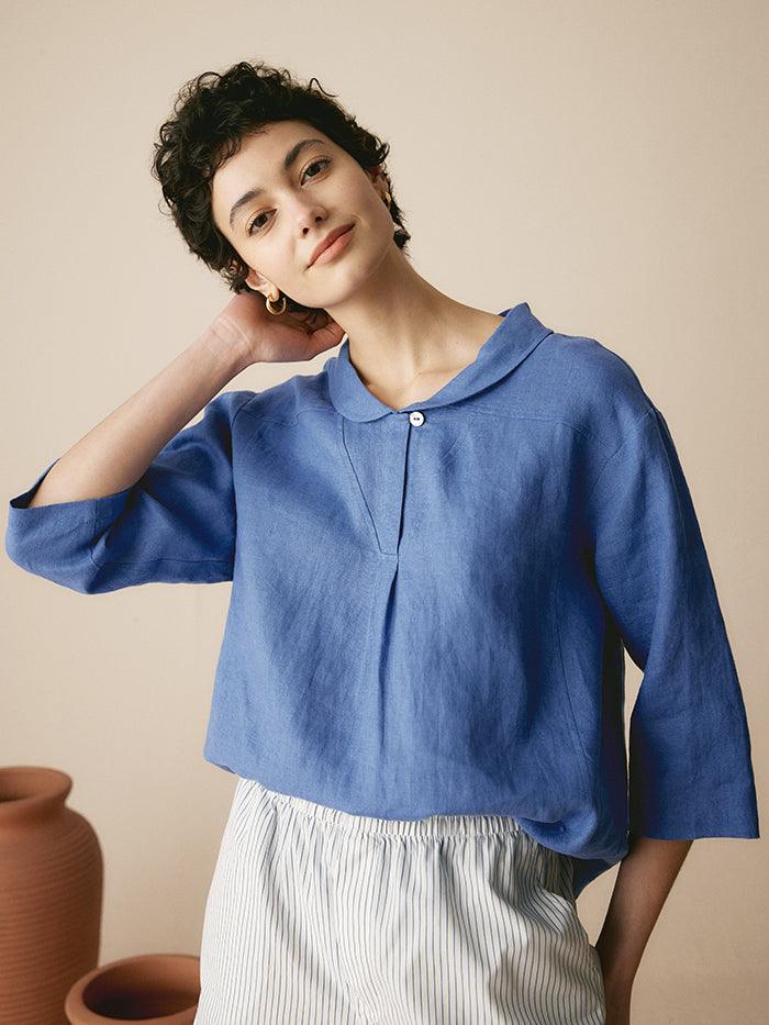 100% Linen Stripe Shawl V-Neck Half Sleeve Top
