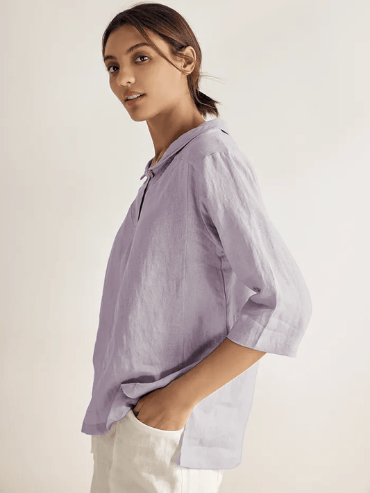 100% Linen Stripe Shawl V-Neck Half Sleeve Top