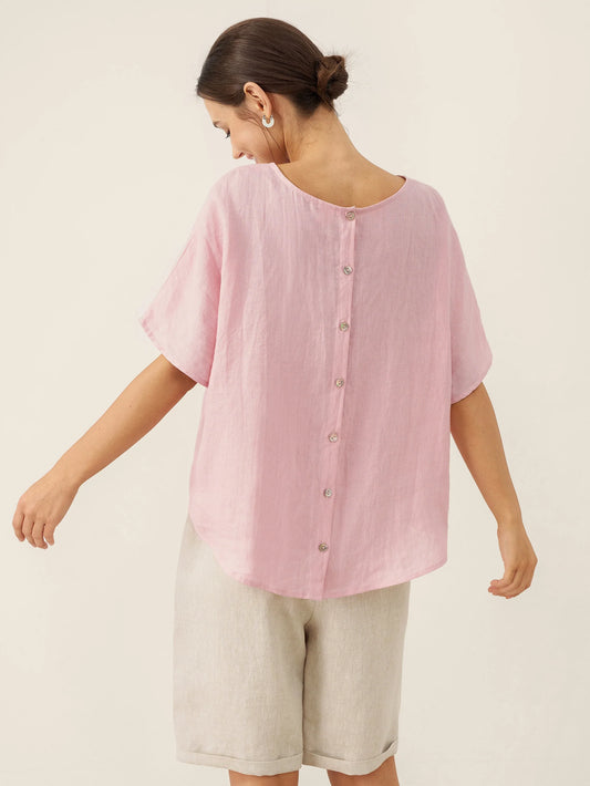 100% Linen Round Neck Back Opening Top URIELLE