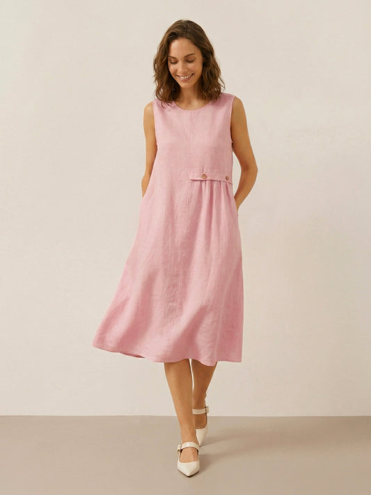 100% Linen Sleeveless Accordion Pleat Midi Dress TINA