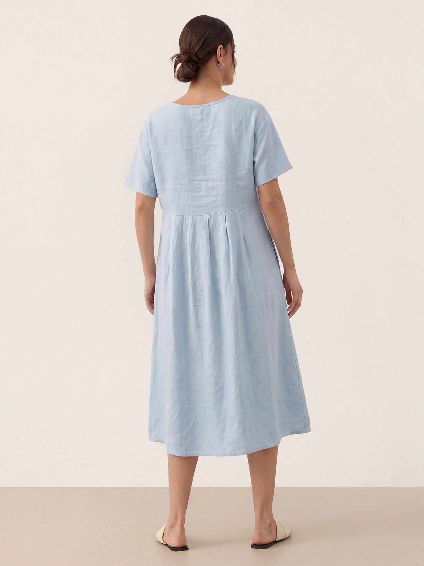 100% Linen Pinstripe Paneled Short-Sleeved Dress MORGAN