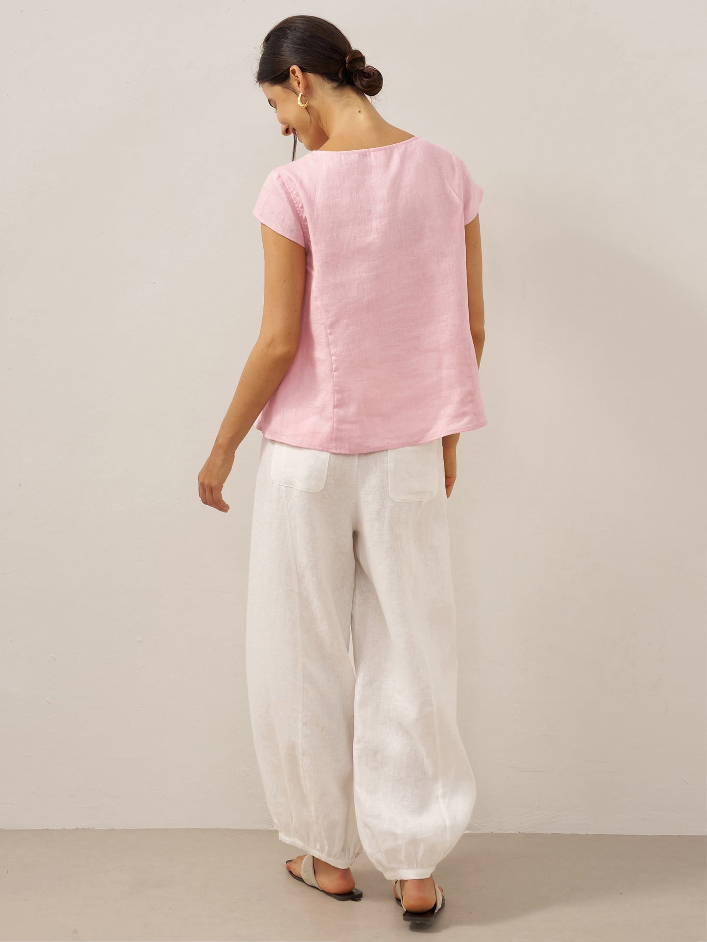 100% Linen Shell Button Pleated Crew Neck Top RENA