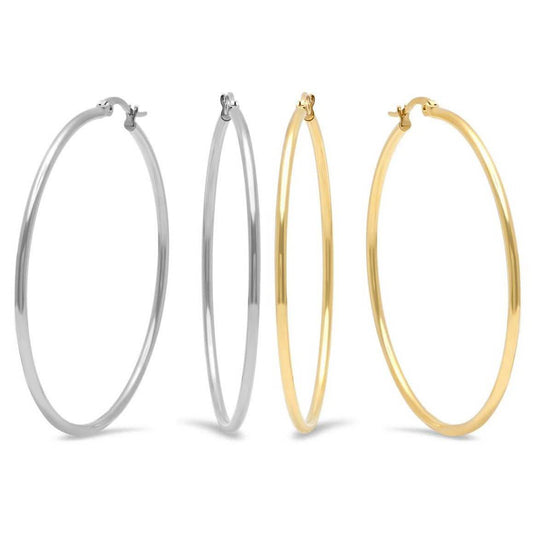 2-Pairs: Stainless Steel 50mm Hoop Earring Set