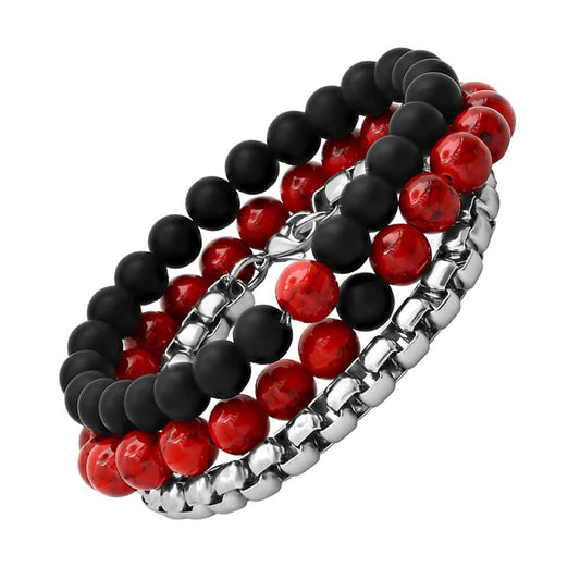 3-Piece Set: Men's Black Lava, Red Agate And Round Box Link Bracelets