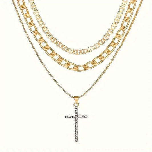 3-Piece: Women's Retro Luxury Artificial Crystal Cross Stackable Necklace Set