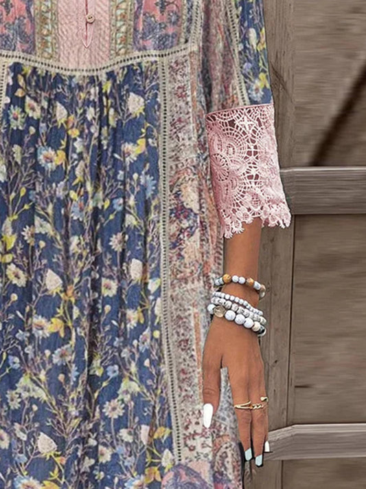 Blush Pink Elegant Full-Size Lace Detail Dress Printed Sleeve Midi Dress for Women