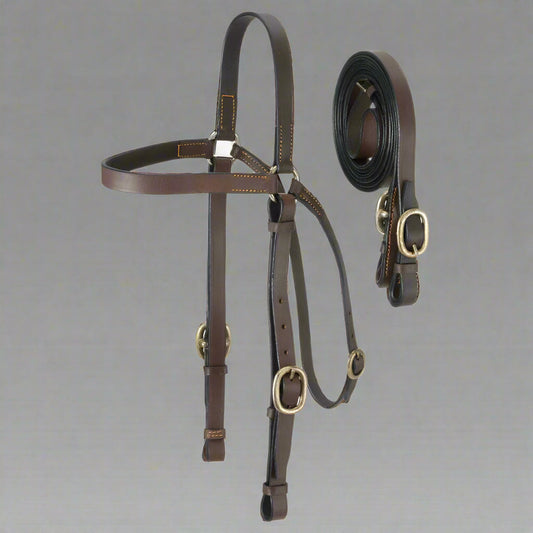 Western Leather Quick Change Headstall & Reins Set – Brown with Brass Buckles