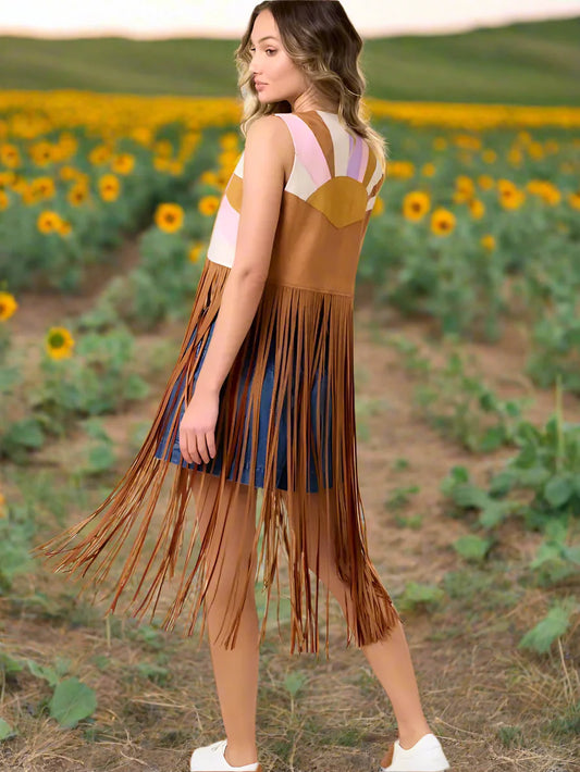 Sunset Horizon Color Patch Fringe Vest – Faux Suede Western Style