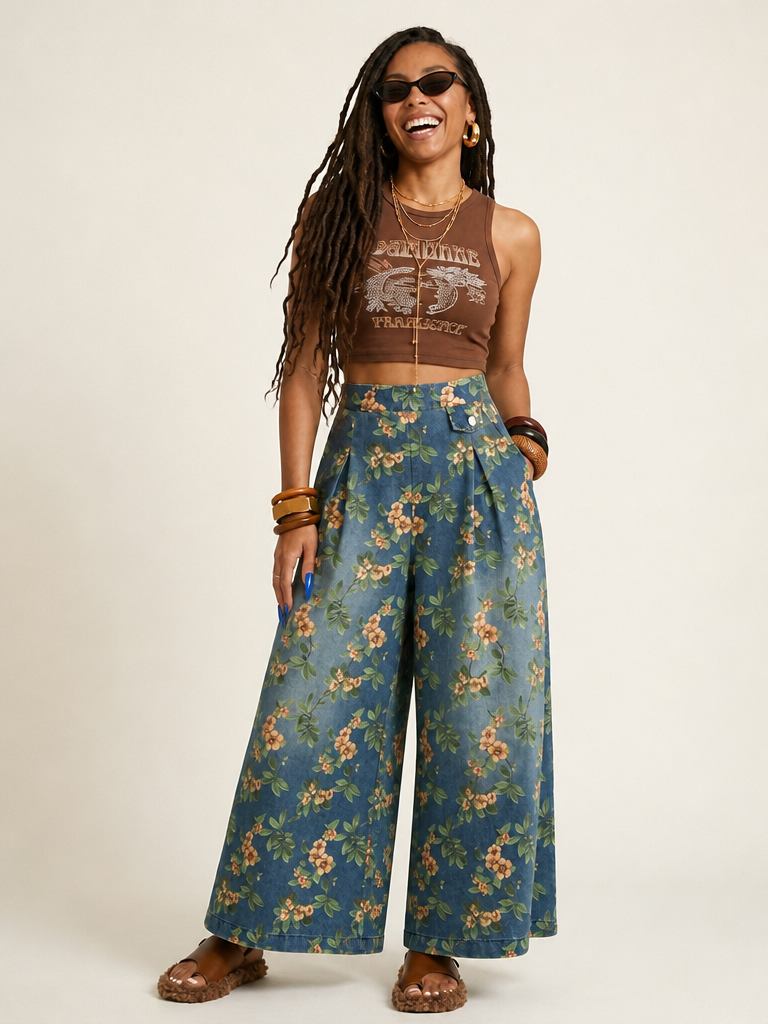 Free Spirit Floral Print Wide-Leg Jeans