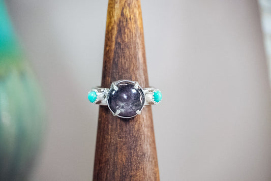 Everyday Weight Handmade Sterling Silver Ring with Star Sapphire + Kingman Turquoise | Western Statement Ring | Size 8.5