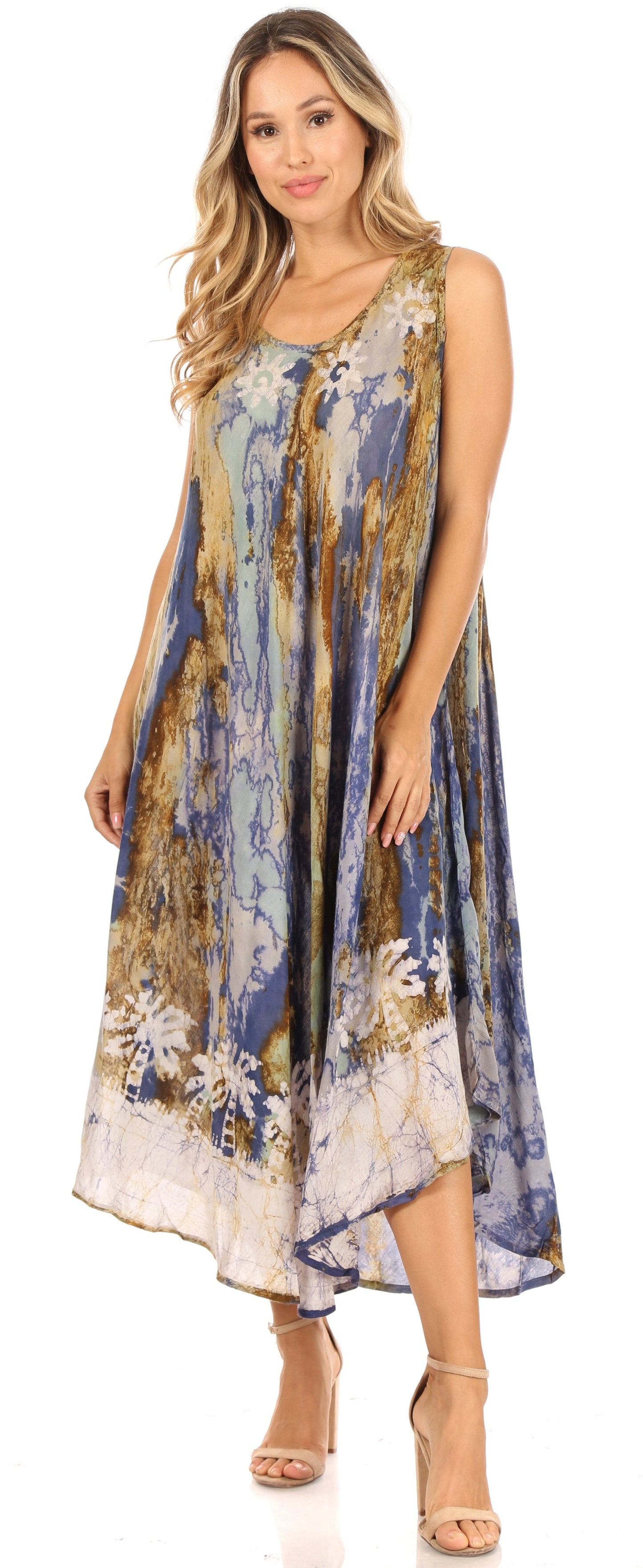 Sakkas Julia Boho Flared Multi-color Marble Batik Cotton Long Dress / Cover Up