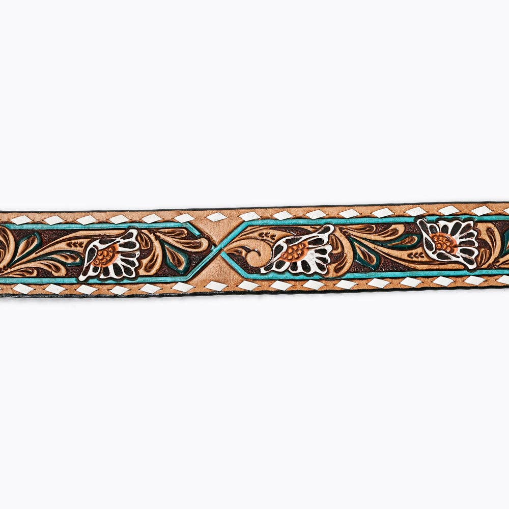 Tooled Leather Belt - White Daisy Floral with Teal Diamond Accents