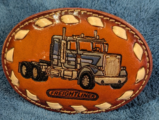 Vintage Freightliner Semi Truck Genuine Leather Belt Buckle with Buckstitch Border