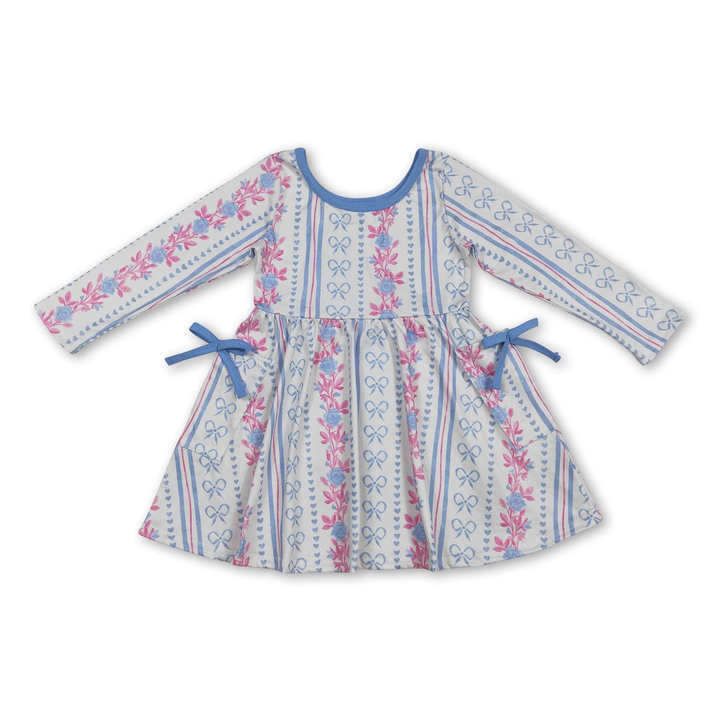Long sleeves blue bow floral pockets kids girls dresses