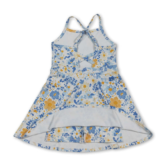 Straps blue yellow floral kids girls athletic dresses