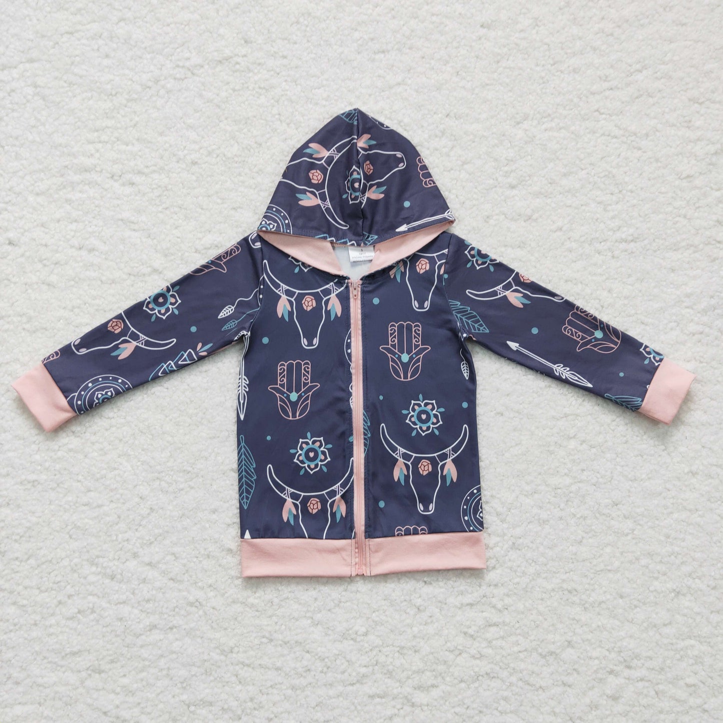 Bull skull feather zipper hoodie girls western jacket