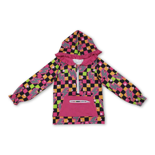 Long sleeves plaid thunder ruffle girls zipper hoodie
