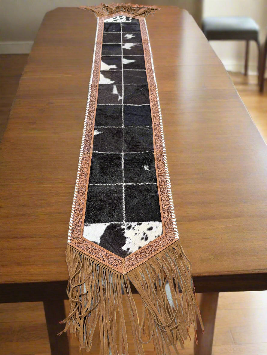 Genuine Cowhide Table Runner – Western Elegance with Leather Detail