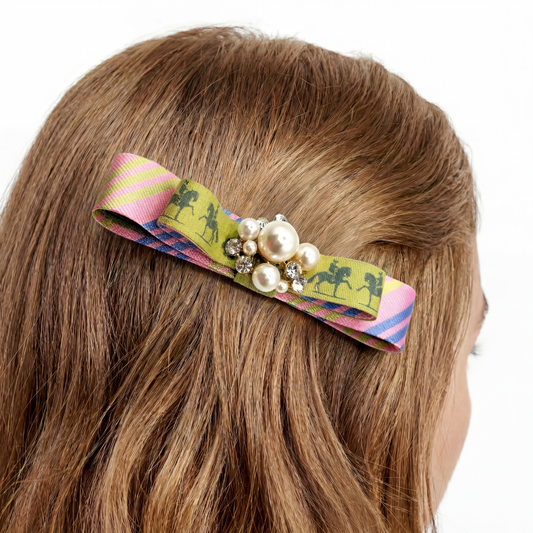 Equestrian Print Silk Necktie Hair Clip