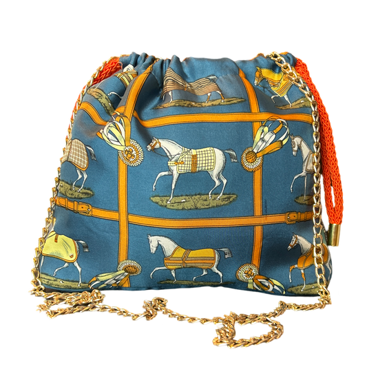Petites Chevaux Teal Vintage Silk Scarf Drawstring Crossbody Bag