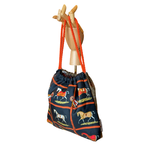 Petites Chevaux Noir Vintage Silk Scarf Drawstring Crossbody Bag
