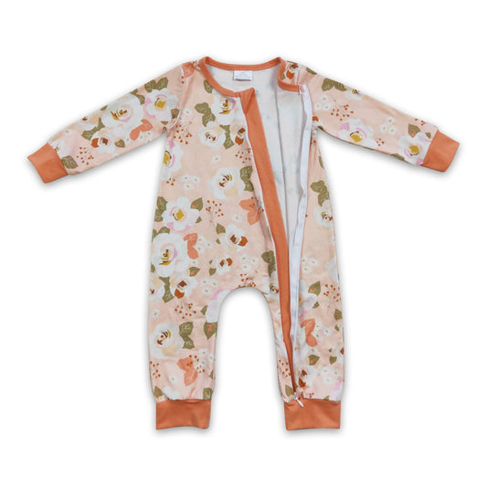 Peach floral long sleeves baby girls zipper romper