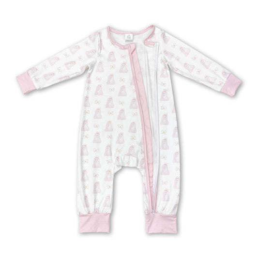 Pink long sleeves dog baby girls zipper romper