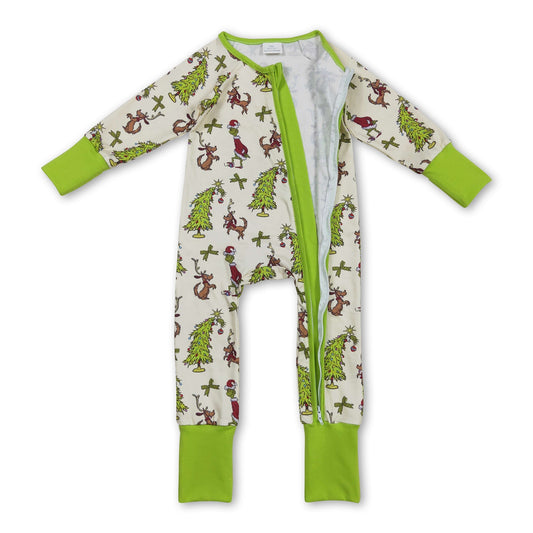 Green face bow Christmas tree baby girls zipper romper
