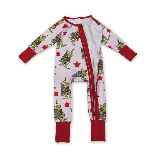 Red stars green face baby girls Christmas zipper romper