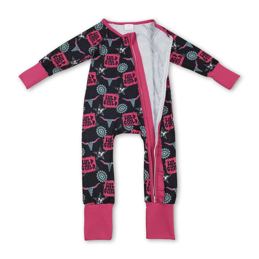 Wild child turquoise bull skull western girls zipper romper
