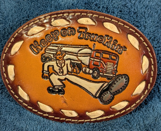 Vintage Genuine Leather “Keep on Truckin’” Belt Buckle with Buckstitch