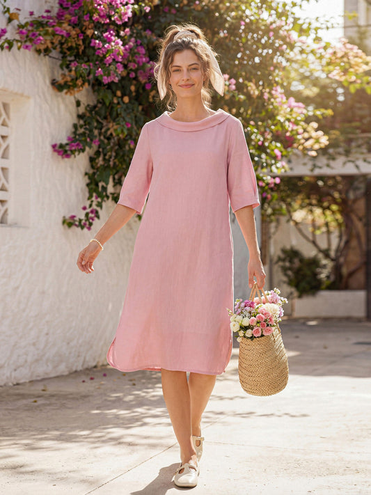 100% Linen Sculpted Bateau Tie-Back Midi Dress SABRINA