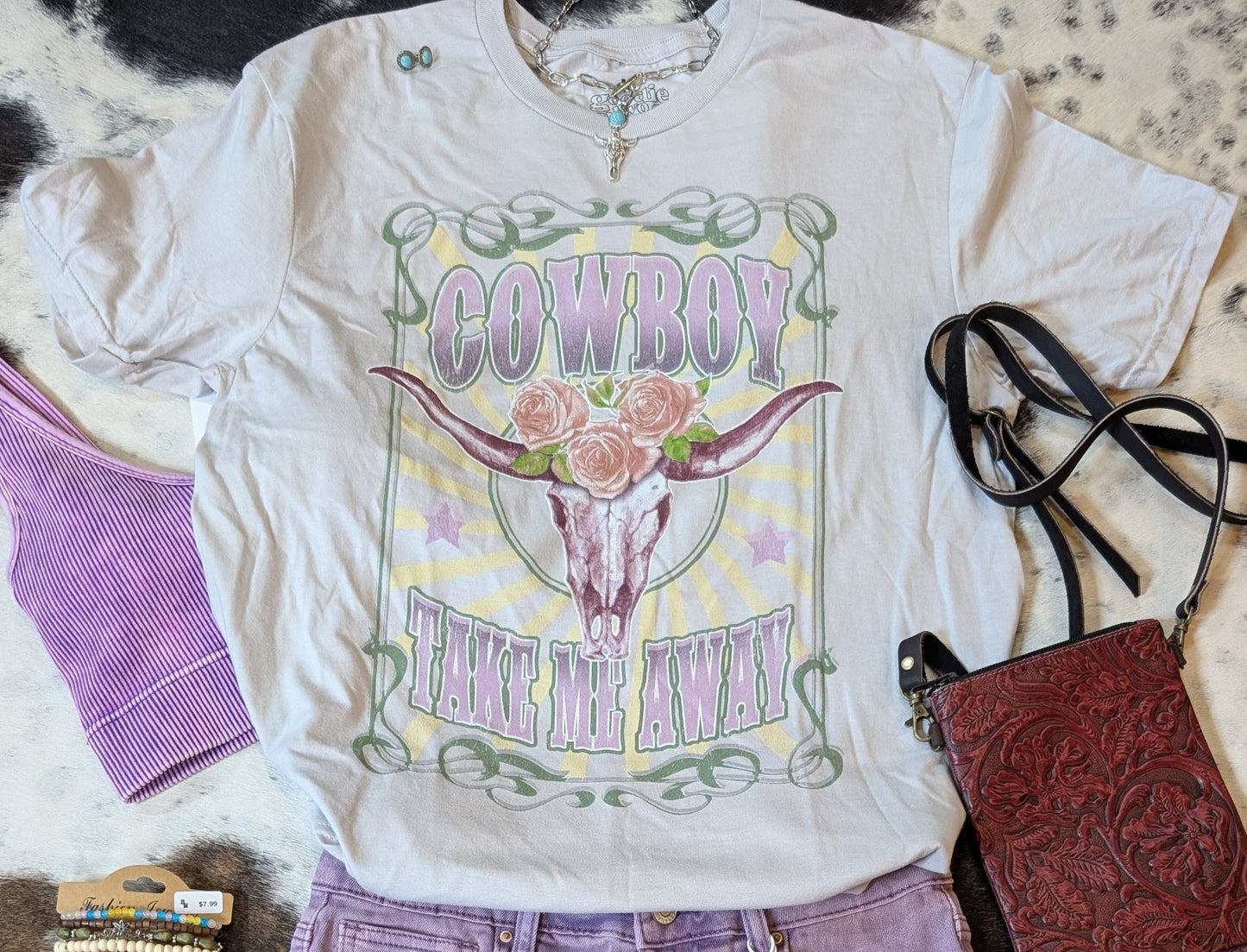 “Goodie Two Sleeves Cowboy Take Me Away Graphic Tee – Western Vintage Womens T-Shirt” (Shirt ONLY)