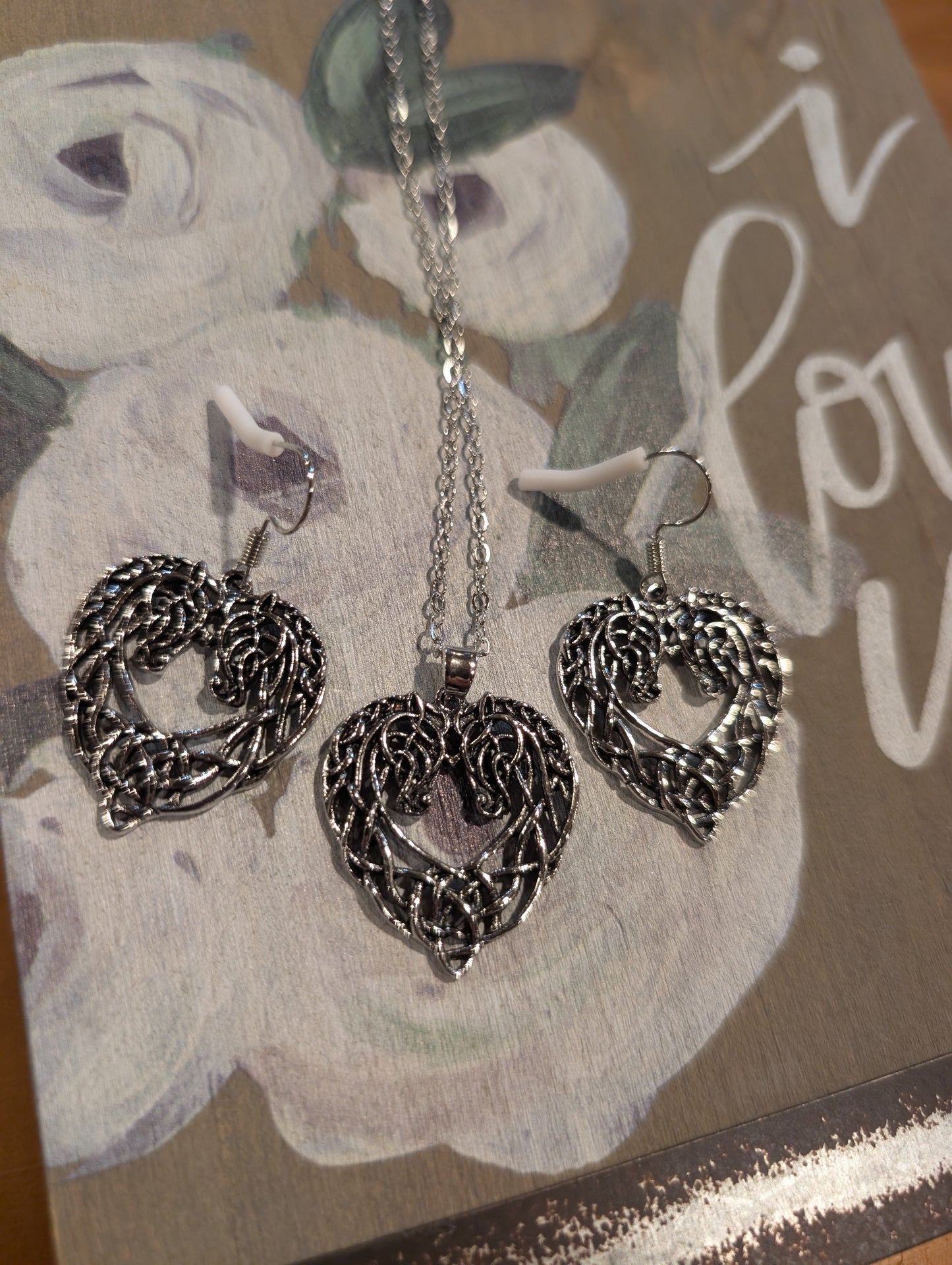 Celtic Heart Necklace & Earring Set – Silver-Tone Western Chic