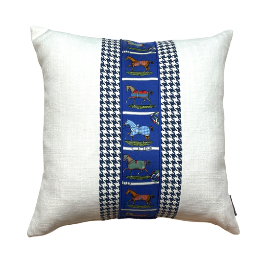 Petites Chevaux Blue Houndstooth Vintage Silk Scarf Pillows