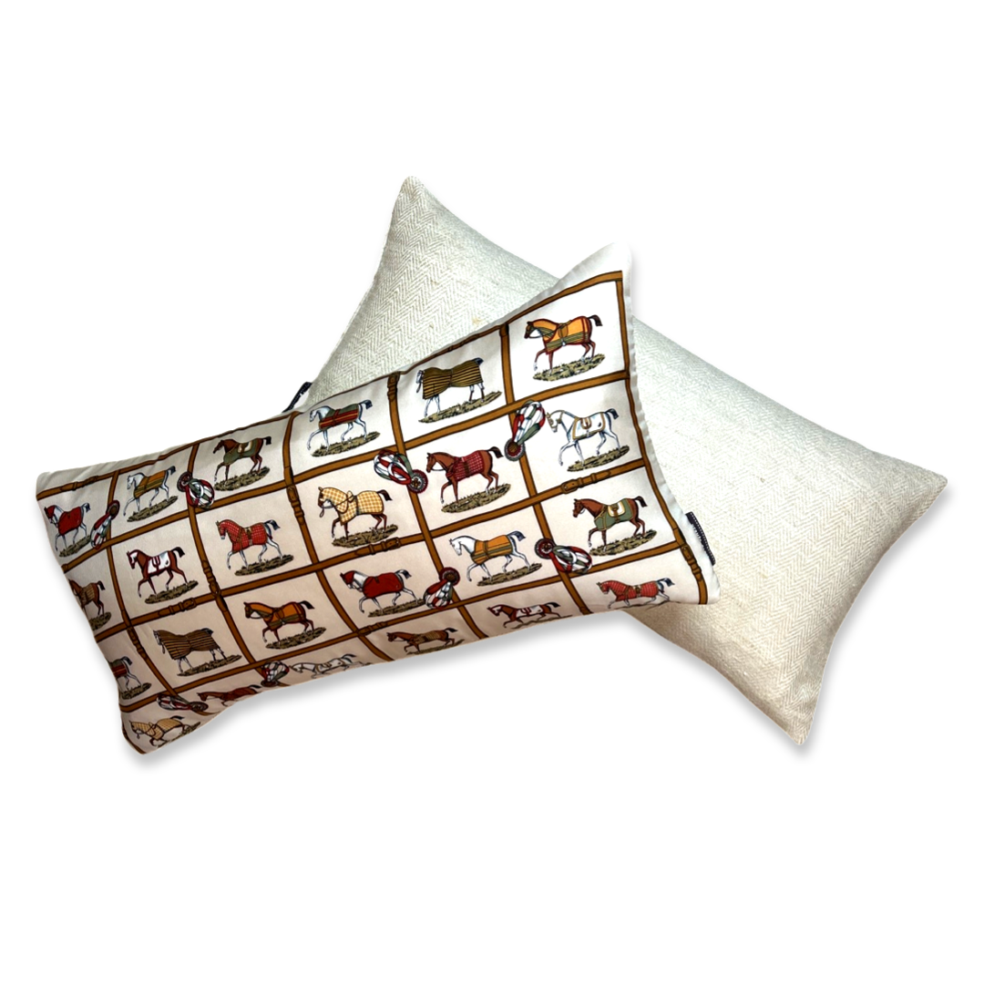 Petites Chevaux Ivory Vintage Silk Scarf Pillows