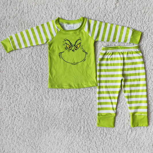 Green face screen print shirt stripe boy Christmas pajamas