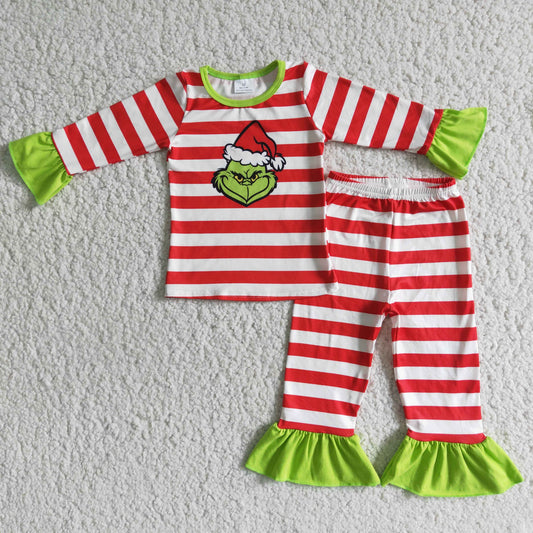 Red stripe green face girls Christmas pajamas