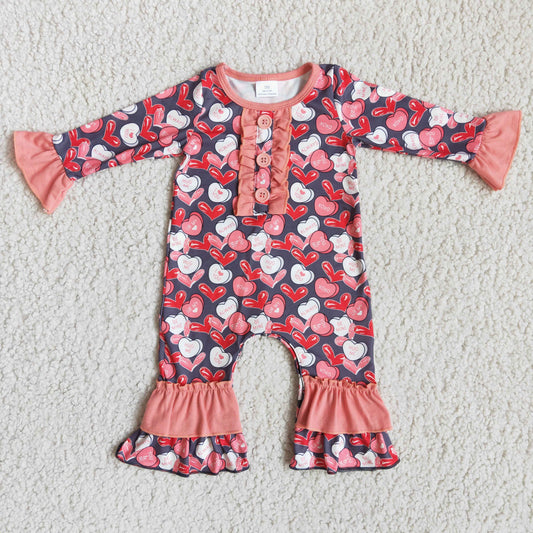 Heart print long sleeve baby girls valentine's romper