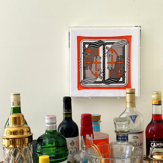 Quadrige II Orange Acrylic Shadow Box Framed Vintage Silk Scarf 10"