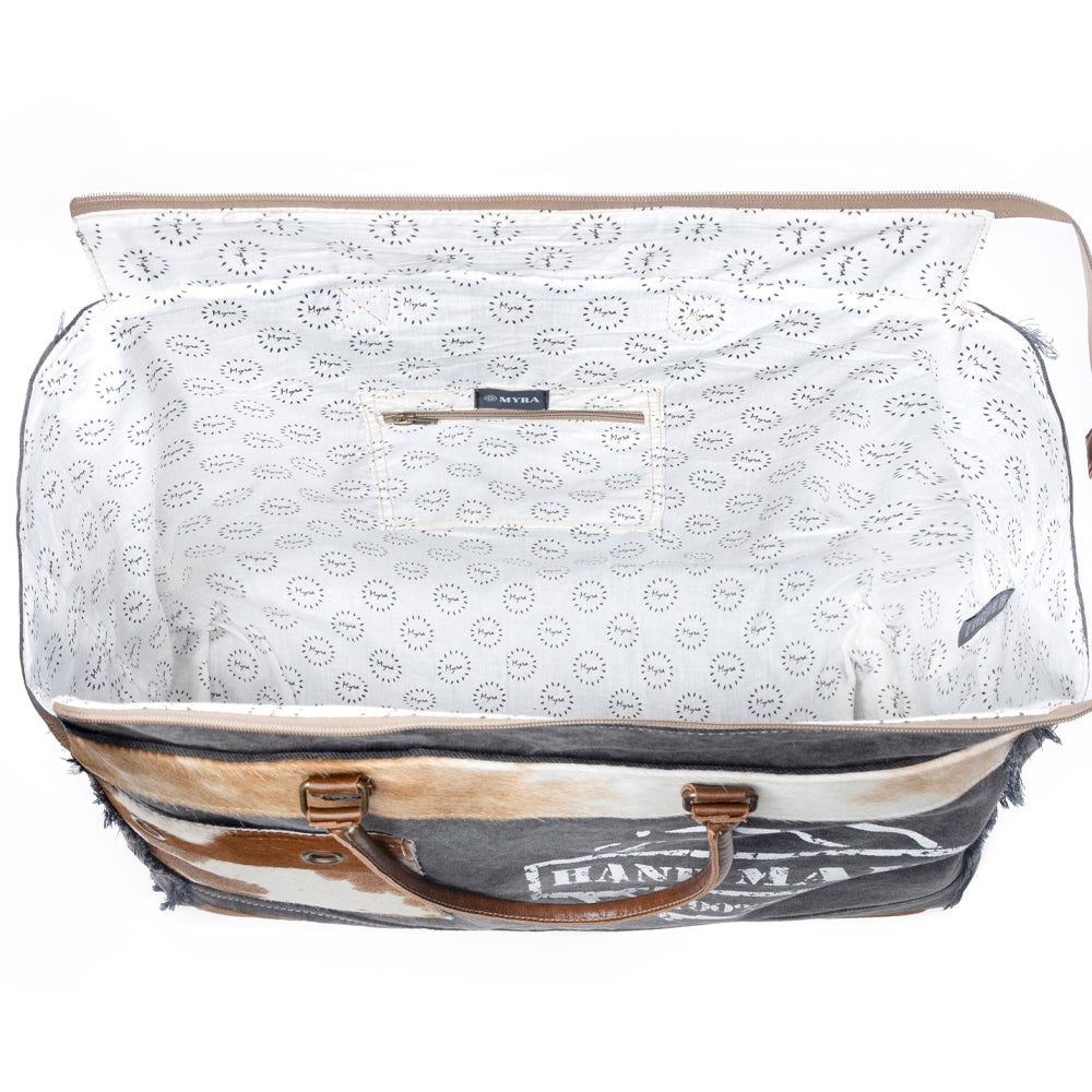 Myra Dakota Trail Hairon Leather Weekender Bag – Handmade Canvas Print with Rustic Fringe Sides & Leather Handles