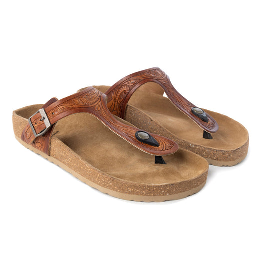 Myra Crockler Handtooled Leather Sandals for Women – Adjustable Western Straps with Comfortable Cork Sole and Engraved Floral Pattern