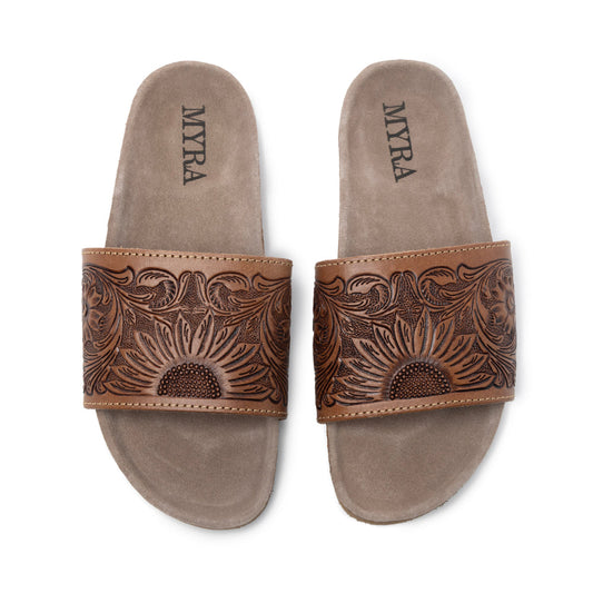 Myra Dottie Handtooled Leather Slide Sandals for Women – Floral Western Tooling with Cork Sole for Casual Comfort