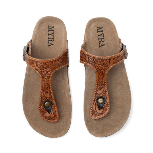 Myra Rosie Trail Handtooled Leather Sandals for Women – Cork Sole, Toe Ring Design for All-Day Comfort