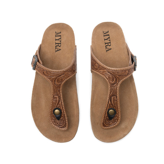 Myra Sadie Mesa Leather Slides for Women - Cushioned Cork Sole, Floral Tooled Finish for Everyday Elegance