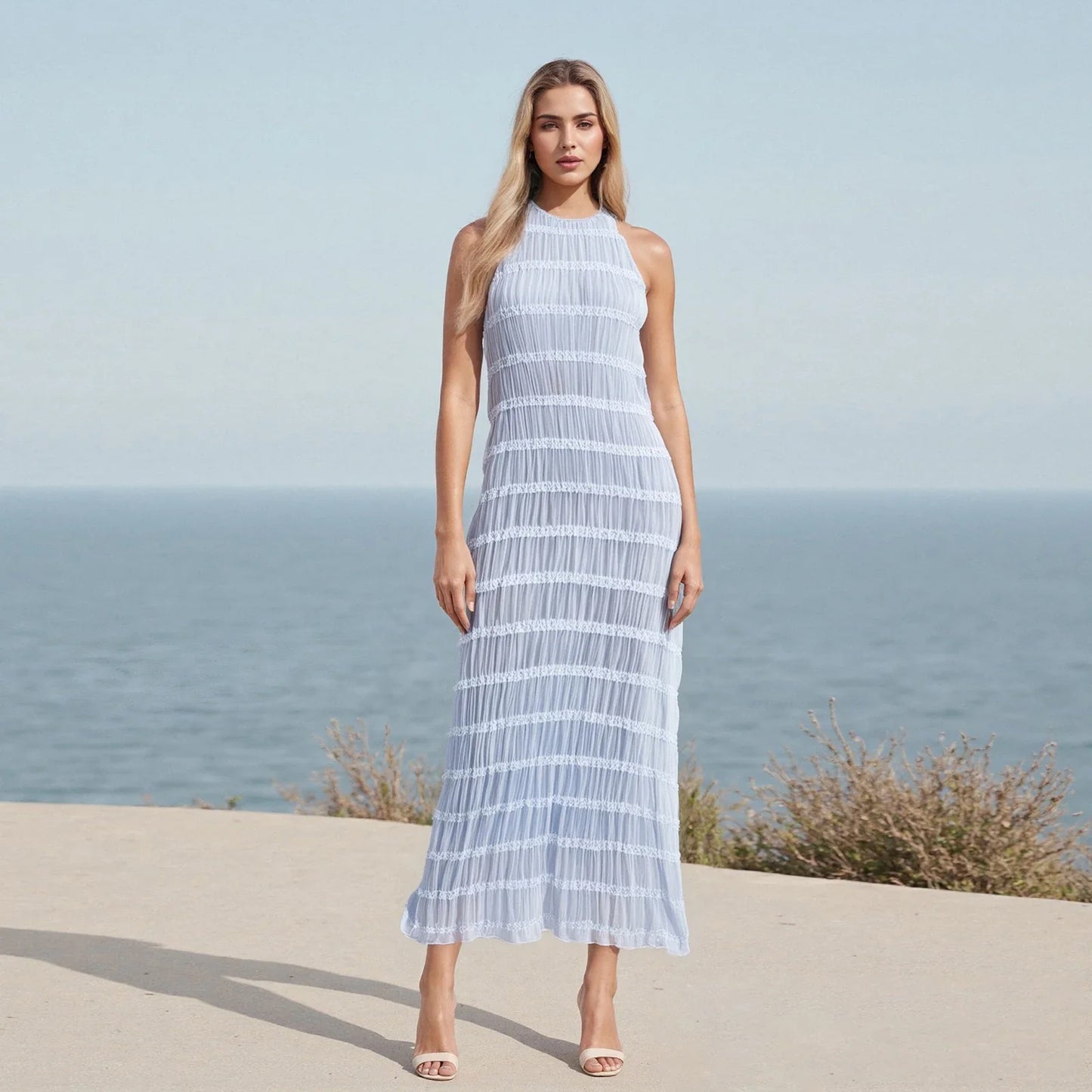 Women Ruched Cocktail Dress Elegant Party Bodycon Dresses Female Long Dress Summer Sleeveless Backless Solid Dress Vestidos