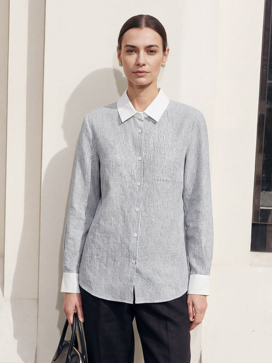 100% Linen Striped Patchwork Pleat Shirt THEA
