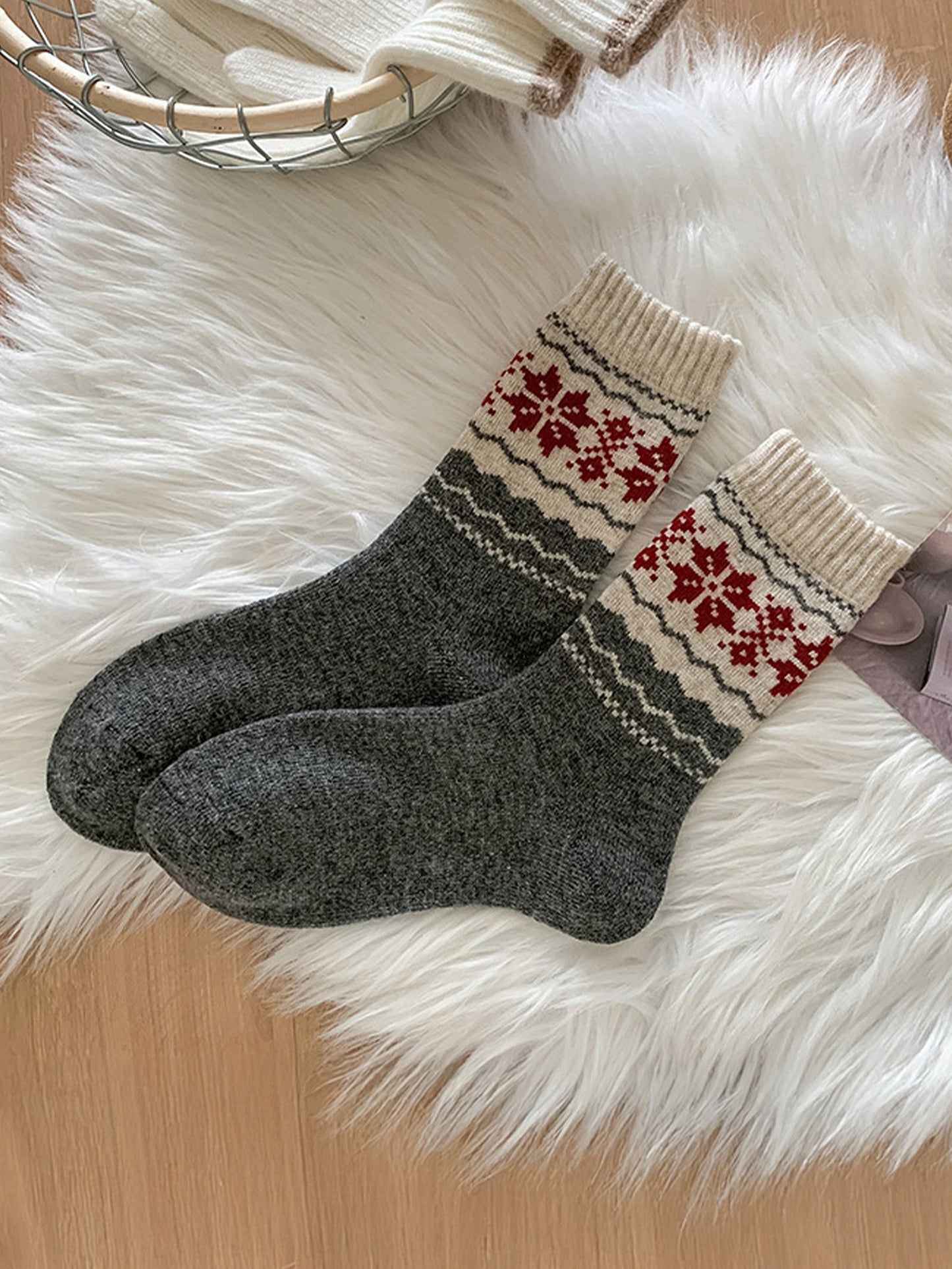 Wool Fair Isle Ethnic Jacquard Thick Slouch Mid-Calf Socks