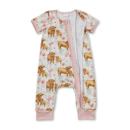 Short sleeves highland cow floral baby girls zipper romper
