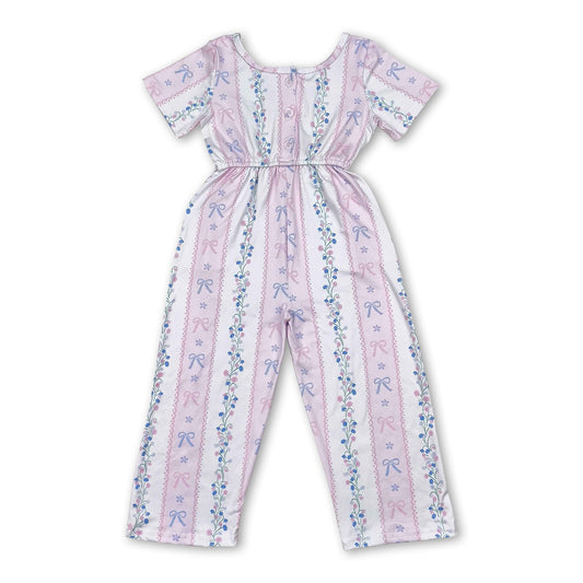 Short sleeves pink bow floral pockets girls jumpsuit
